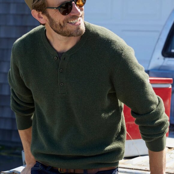 Outerknown Shelter Waffle Henley Sweater in Olive - Picture 2 of 16